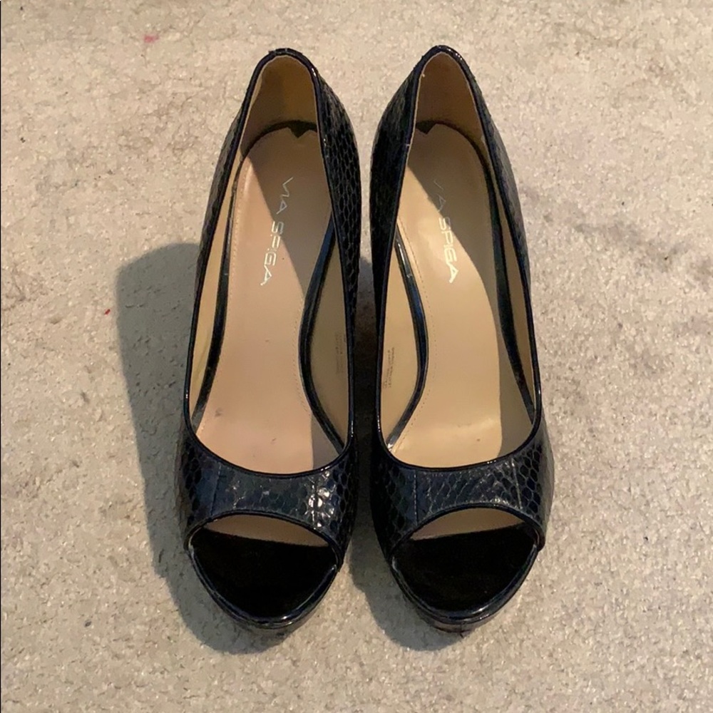 Via Spiga black leather wedges